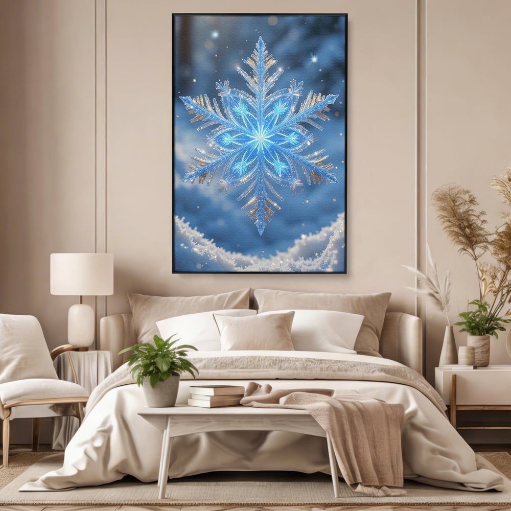 Tablou canvas cu tablou vertical cu fulg de zapada, in rama de aluminiu negru, pe perete intr-un dormitor